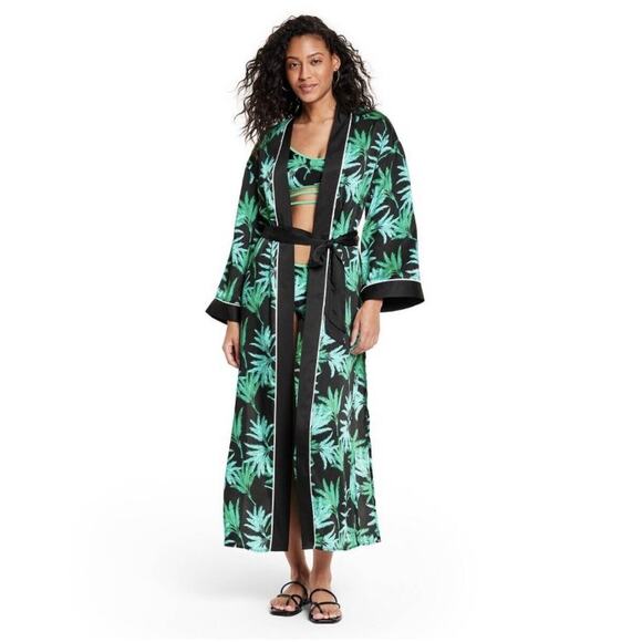 Fe Noel Target Feathered Palm Print Green Black Robe Cover Up Plus Size 2X NWT - Picture 1 of 8